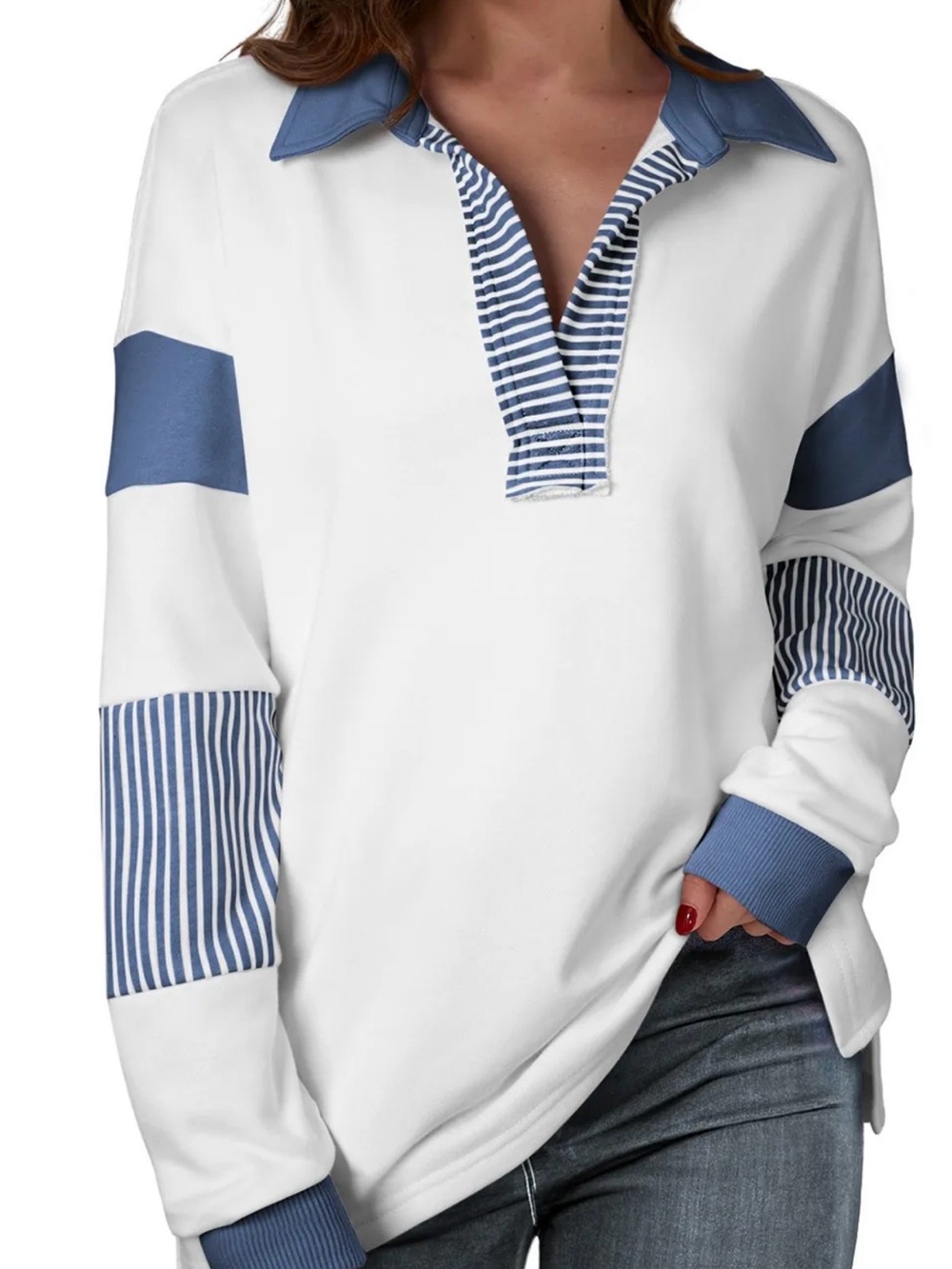 Women's Long Sleeve Rugby Pullover - White with Blue Accents